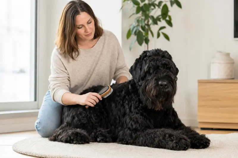 Ein Schwarzer Russischer Terrier wird zuhause liebevoll gebürstet, während sich der Besitzer um die Fellpflege und Gesundheit des Hundes kümmert.