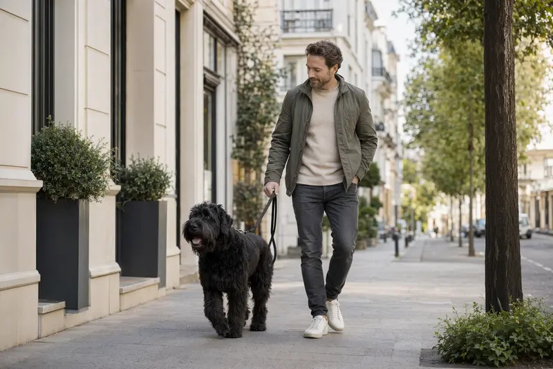Schwarzer Russischer Terrier läuft entspannt an der Leine mit seinem Besitzer durch eine moderne Stadtstraße.