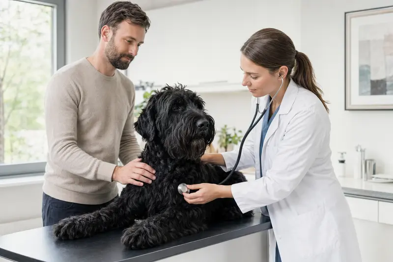 Eine Tierärztin untersucht einen ruhigen Schwarzen Russischen Terrier auf dem Untersuchungstisch in einer modernen Tierarztpraxis, während der Besitzer beruhigend danebensteht.