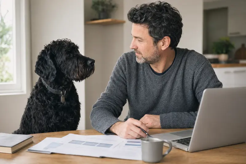 Ein Schwarzer Russischer Terrier sitzt ruhig neben seinem Besitzer am Küchentisch mit Versicherungsunterlagen und einem Laptop zur Hundekrankenversicherung.