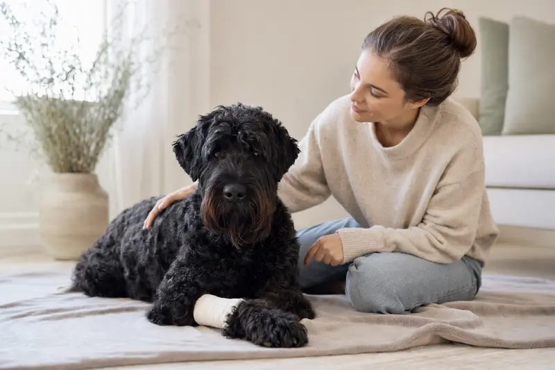 Ein Schwarzer Russischer Terrier liegt mit leicht verbundenem Pfotenverband ruhig auf einer Decke, während sein Besitzer neben ihm erleichtert sitzt.