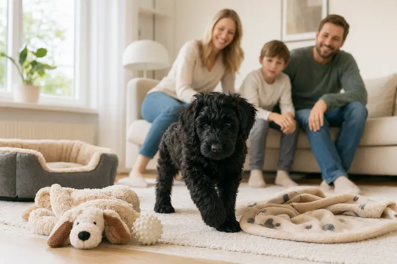 Ein junger Schwarzer Russischer Terrier Welpe erkundet neugierig sein neues Zuhause auf einer weichen Decke zwischen Spielzeug und seiner liebevollen Familie im Hintergrund.