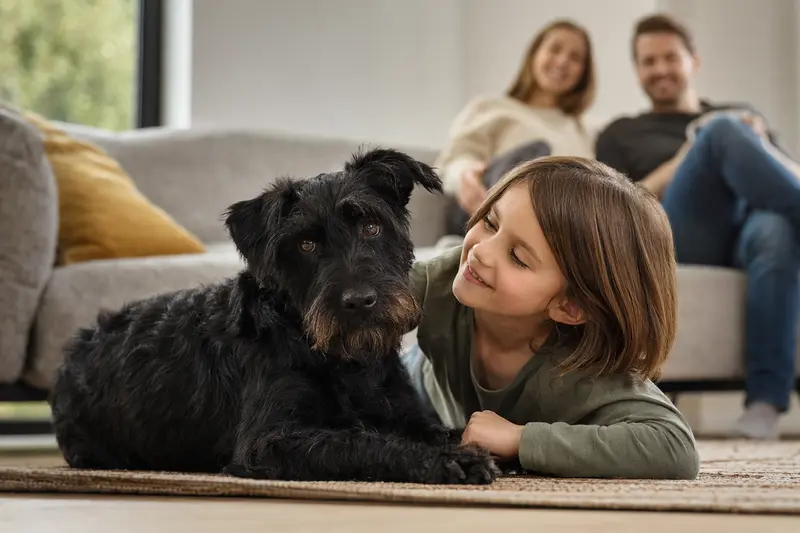 Ein freundlicher schwarzer Terrier liegt entspannt neben einem Kind im Wohnzimmer, während die Eltern im Hintergrund stehen und eine sichere Familienatmosphäre schaffen.