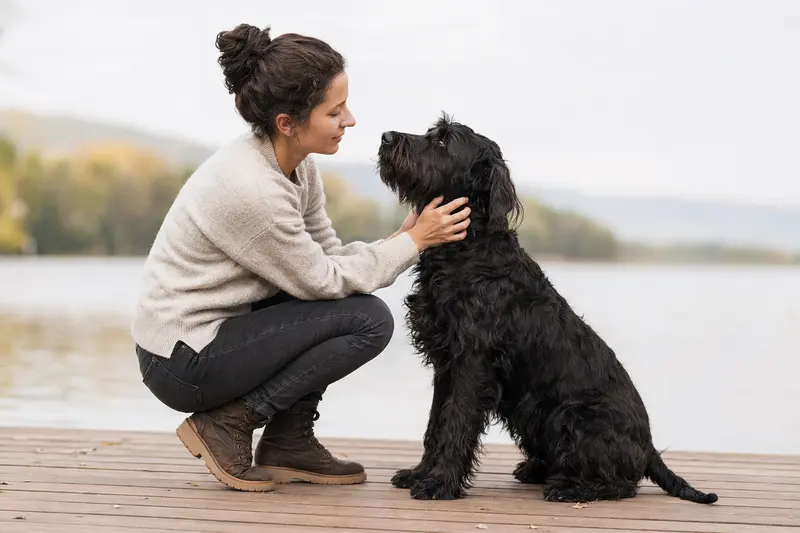 Ein schwarzer Terrier steht aufmerksam in natürlicher Haltung vor hellem neutralem Hintergrund.