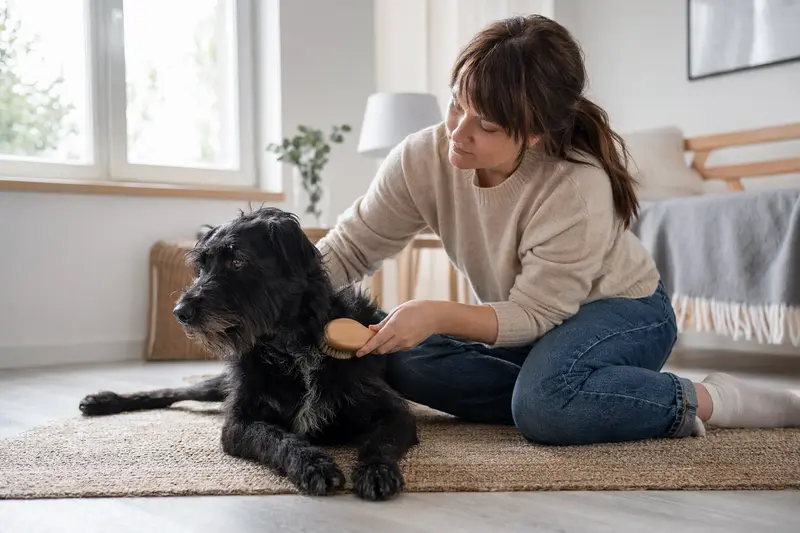 Ein schwarzer Terrier wird in einer hellen Wohnung liebevoll gebürstet, was die Bedeutung von regelmäßiger Fellpflege beim Hund zeigt.