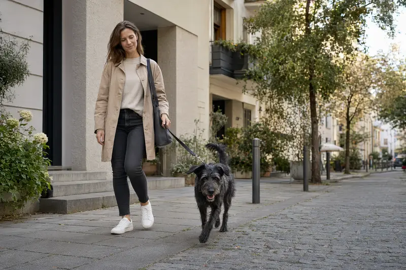 Ein schwarzer Terrier läuft angeleint mit seinem Besitzer durch eine freundliche moderne Stadtstraße.