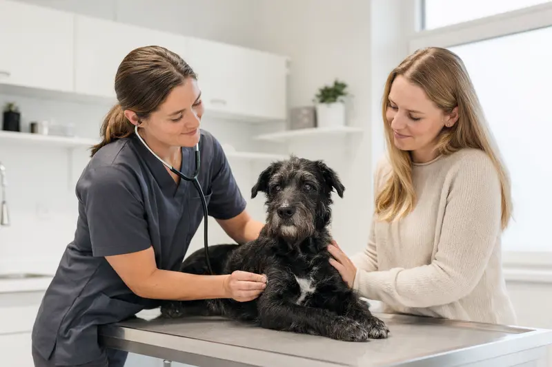 Schwarzer Terrier wird in einer modernen Tierarztpraxis behutsam mit dem Stethoskop untersucht, während der Besitzer beruhigend danebensteht.