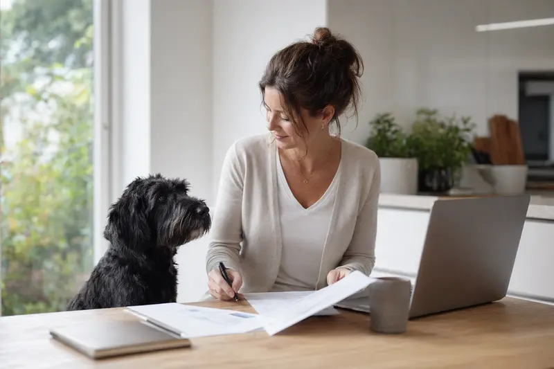 Schwarzer Terrier sitzt ruhig neben seinem Besitzer am Küchentisch mit Versicherungsunterlagen und Laptop zur Tierversicherung.