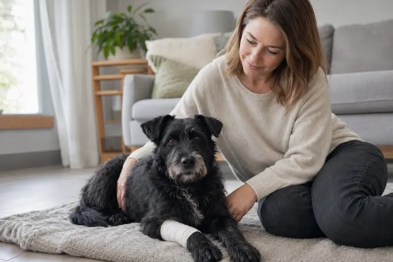 Schwarzer Terrier mit leicht verbundenem Pfötchen liegt ruhig auf einer Decke, während der Besitzer erleichtert neben ihm sitzt.