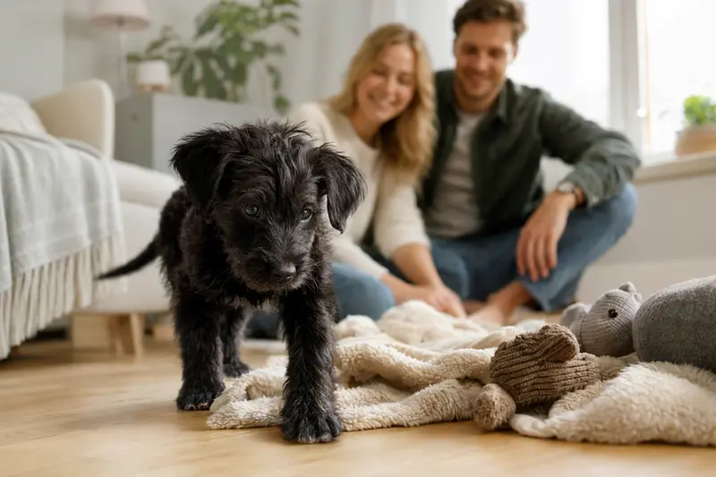 Ein junger Schwarzer Terrier Welpe erkundet neugierig sein neues Zuhause auf einer weichen Decke neben Spielzeug.
