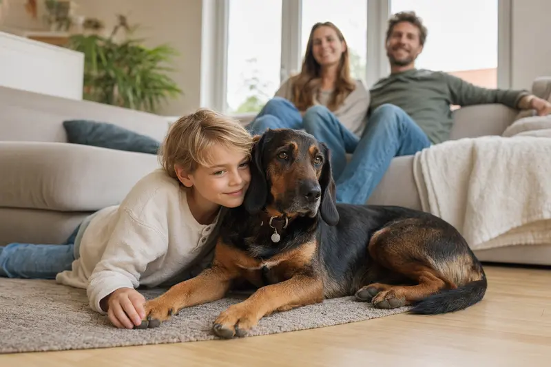 Ein freundlicher Schwarzwildbracke-Hund liegt entspannt neben einem Kind im Wohnzimmer, während die Eltern im Hintergrund eine sichere Familienatmosphäre schaffen.