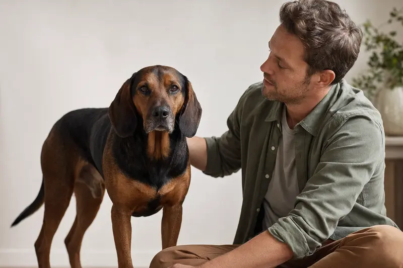 Aufmerksamer Schwarzwildbracke Hund in natürlicher Haltung vor hellem Hintergrund, als realistisches Tierportrait mit weichem Licht.