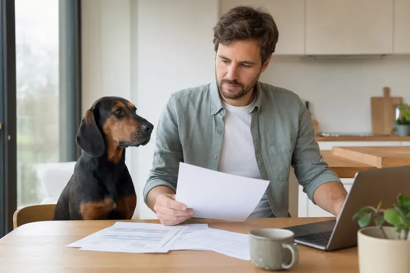 Ein Schwarzwildbracke Hund sitzt ruhig neben seinem Besitzer am Küchentisch mit Versicherungsunterlagen und Laptop, passend zum Thema Hundeversicherung.