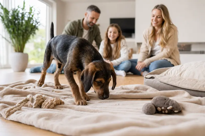 Junger Schwarzwildbracke-Welpe entdeckt neugierig sein neues Zuhause in einer hellen Wohnung mit weicher Decke und Spielzeug im Vordergrund.