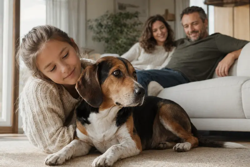 Ein freundlicher Schwedische Dachsbracke Hund liegt entspannt neben einem Kind im hellen Wohnzimmer.