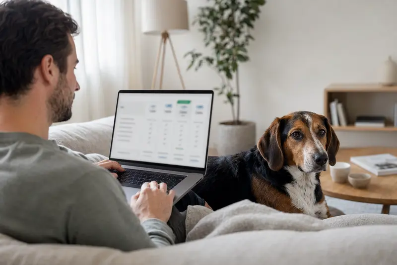 Ein Hundebesitzer sitzt mit einem Laptop auf dem Sofa, während ein Schwedische Dachsbracke neben ihm entspannt, was eine stressfreie Entscheidungsfindung zur Tierkrankenversicherung symbolisiert.