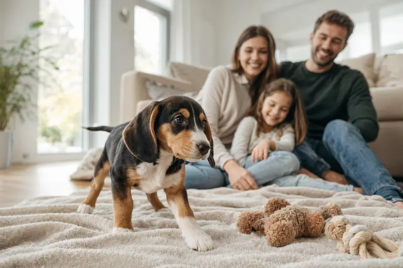 Ein junger Schwedische Dachsbracke Welpe entdeckt neugierig sein neues Zuhause mit weicher Decke und Spielzeug in einer hellen Wohnung.