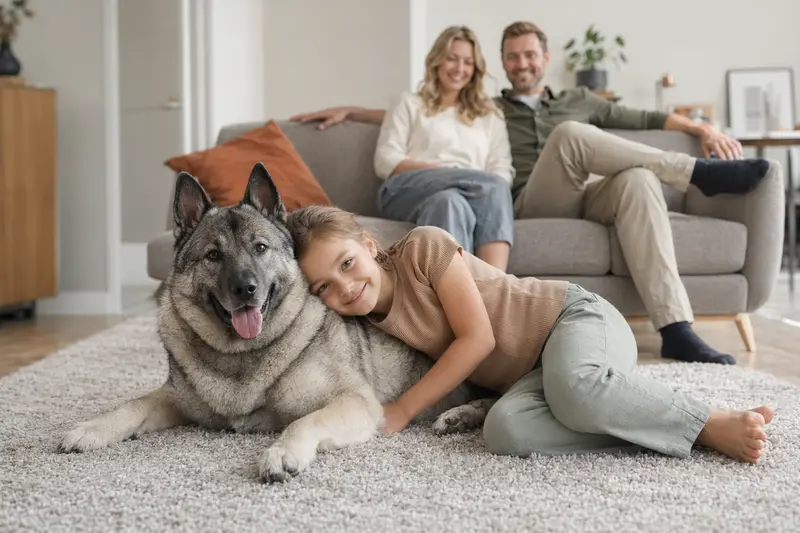 Ein Schwedischer Elchhund liegt entspannt neben einem Kind im hellen Wohnzimmer in einer sicheren Familienatmosphäre.