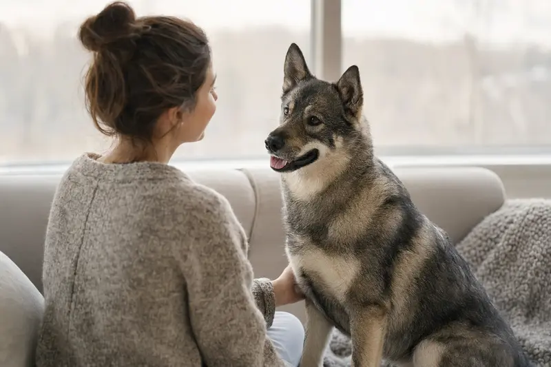 Schwedischer Elchhund steht aufmerksam vor hellem Hintergrund in natürlicher Haltung.