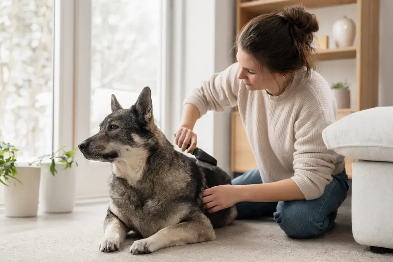 Ein Schwedischer Elchhund wird in einer hellen Wohnung von seinem Besitzer sanft gebürstet und gepflegt.