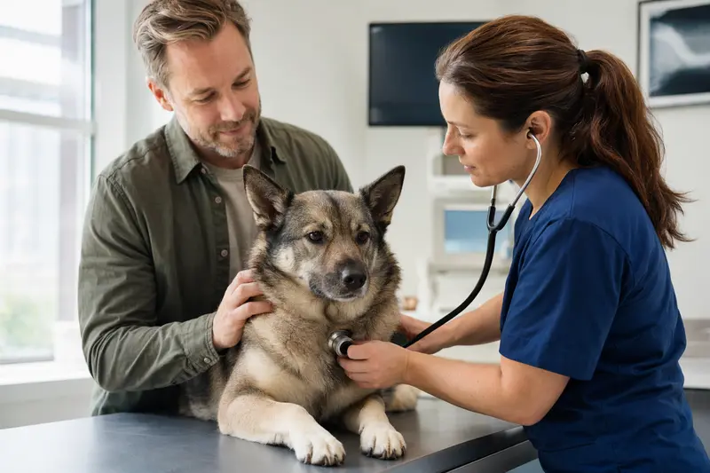 Eine Tierärztin untersucht einen ruhigen Schwedischen Elchhund mit dem Stethoskop in einer modernen Tierarztpraxis, während der Besitzer beruhigend danebensteht.