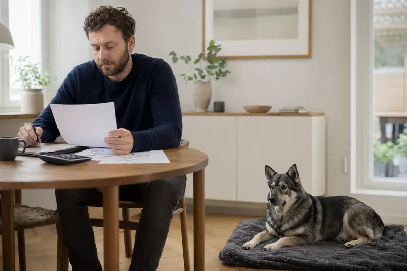Besitzer sitzt mit einer Tierarztrechnung am Tisch, während ein entspannter Schwedischer Elchhund auf einer Decke daneben liegt.