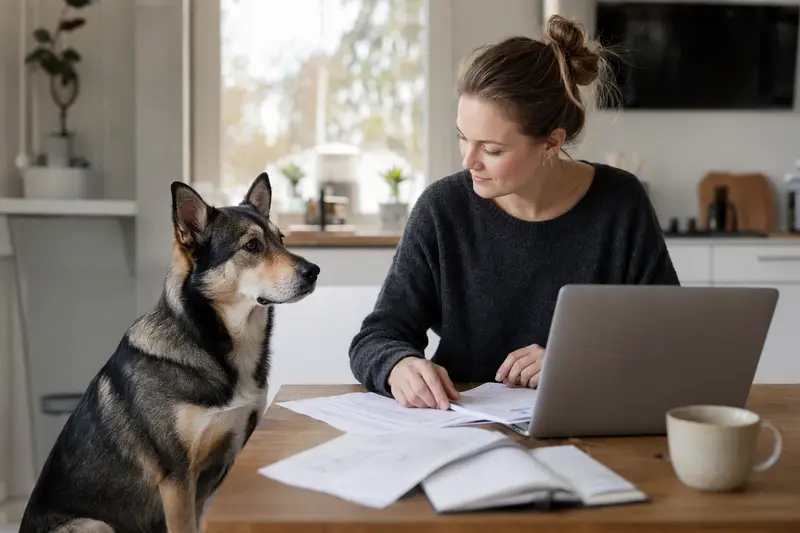 Ein Schwedischer Elchhund sitzt ruhig neben seinem Besitzer am Küchentisch mit Versicherungsunterlagen und einem Laptop mit Vergleichsseite.