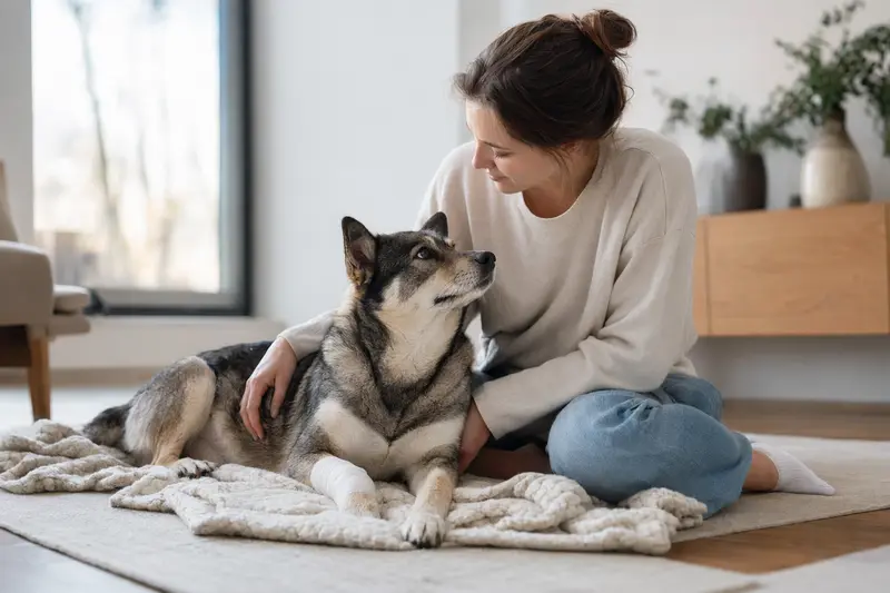 Ein Schwedischer Elchhund mit leichtem Verband an der Pfote liegt ruhig auf einer Decke neben seinem erleichterten Besitzer.