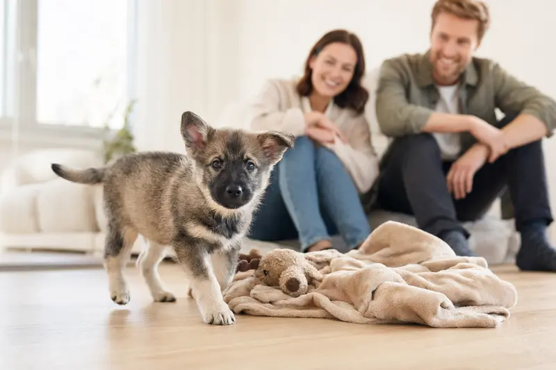 Ein junger Schwedischer Elchhund Welpe erkundet neugierig sein neues Zuhause in einer hellen Wohnung mit Decke und Spielzeug.