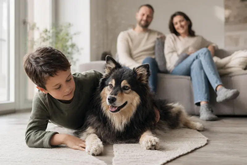 Ein Schwedischer Lapphund liegt entspannt neben einem Kind im hellen Wohnzimmer, während die Eltern im Hintergrund eine sichere Familienatmosphäre schaffen.
