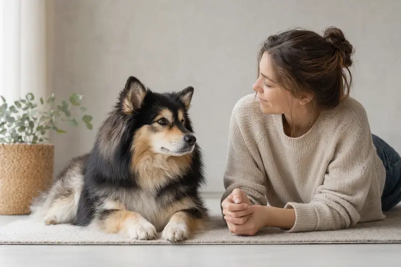 Schwedischer Lapphund im professionellen Tierportrait vor hellem Hintergrund mit typischer Fellstruktur und aufmerksamer Haltung.