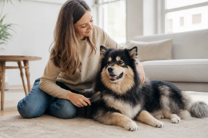 Ein Schwedischer Lapphund wird in einer hellen Wohnung sanft gebürstet, während sich sein Besitzer liebevoll um die Fellpflege kümmert.