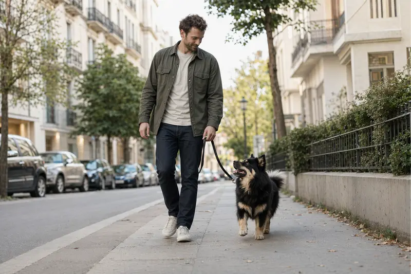 Ein Schwedischer Lapphund läuft entspannt an der Leine mit seinem Besitzer durch eine saubere moderne Stadtstraße.