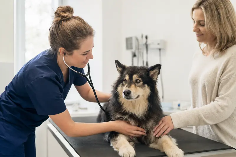 Eine Tierärztin untersucht einen ruhigen Schwedischen Lapphund behutsam mit dem Stethoskop, während der Besitzer beruhigend danebensteht.