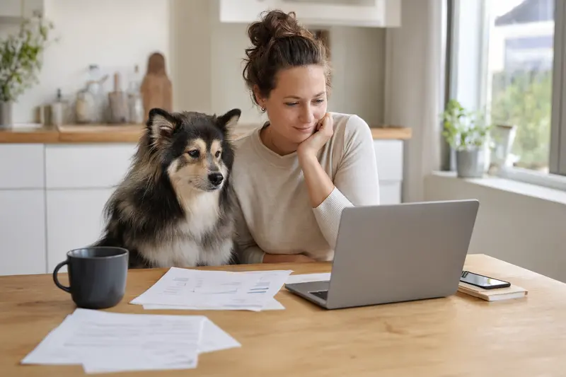 Ein Schwedischer Lapphund sitzt ruhig neben seinem Besitzer am Küchentisch mit Versicherungsunterlagen und einem Laptop mit Vergleichsseite.