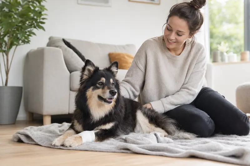 Ein Schwedischer Lapphund mit leichtem Verband an der Pfote liegt ruhig auf einer Decke neben seinem erleichterten Besitzer in einer hellen Wohnung.