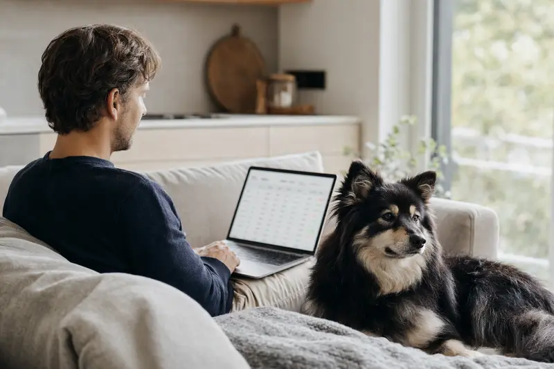 Ein Hundehalter sitzt auf dem Sofa mit einem Laptop, während ein Schwedischer Lapphund neben ihm liegt und eine neutrale Versicherungsvergleichsseite auf dem Bildschirm zu sehen ist.