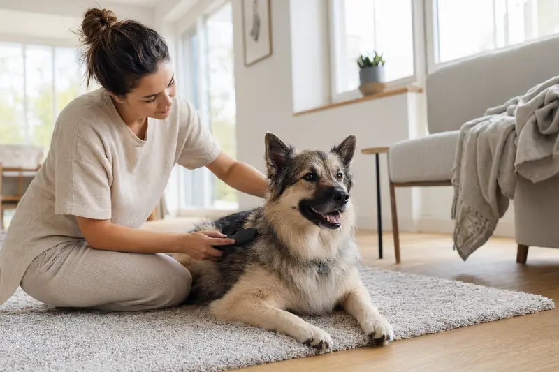 Ein Schwedischer Schäferspitz wird in einer hellen Wohnung sanft gebürstet, während sein Besitzer liebevoll die Fellpflege übernimmt.