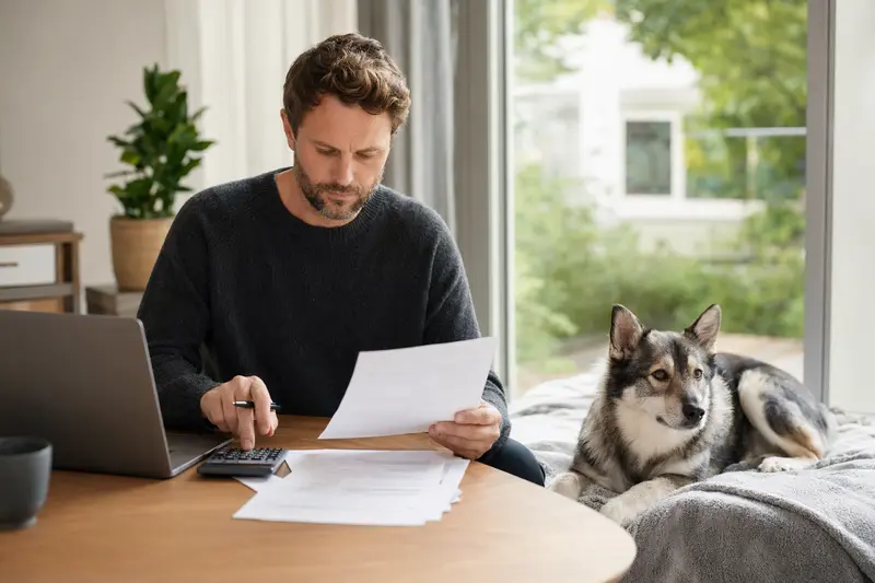 Ein Hundebesitzer sitzt mit einer Tierarztrechnung am Tisch, während sein Schwedischer Schäferspitz entspannt auf einer Decke danebenliegt.