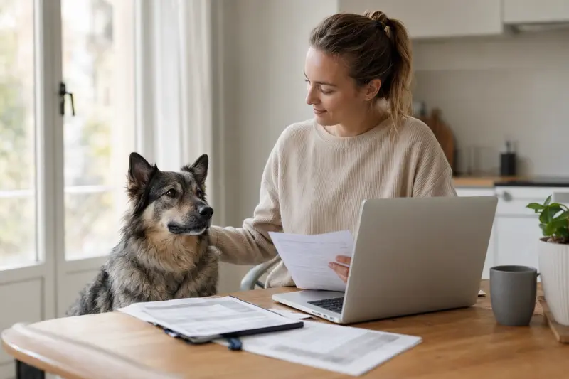 Ein Schwedischer Schäferspitz sitzt ruhig neben seinem Besitzer am Küchentisch mit Versicherungsunterlagen und Laptop zur Hundeversicherung.