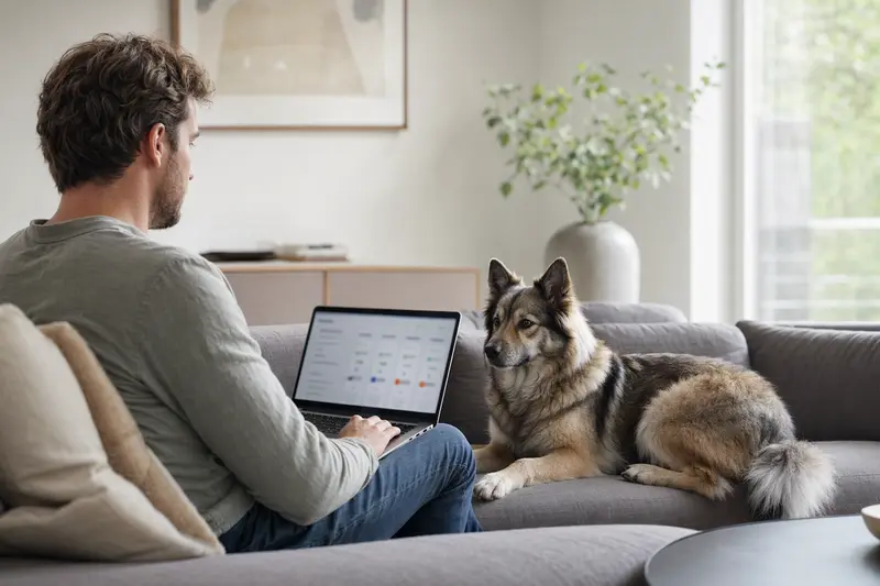 Besitzer arbeitet am Laptop auf dem Sofa neben seinem Schwedischen Schäferspitz, während er sich über Tierversicherungen informiert.