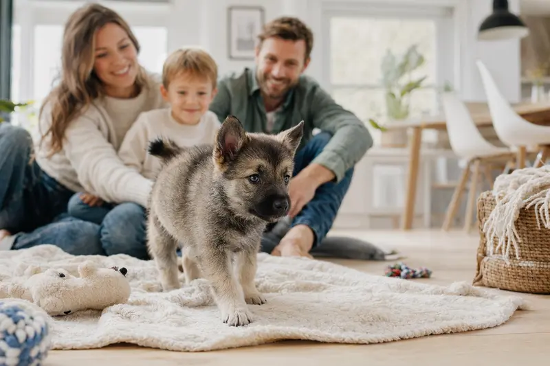 Ein junger Schwedischer Schäferspitz Welpe erkundet neugierig sein neues Zuhause mit weicher Decke und Spielzeug, während seine Familie im Hintergrund steht.