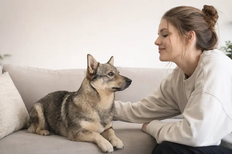 Ein Schwedischer Vallhund steht aufmerksam in natürlicher Haltung vor hellem Hintergrund und zeigt als realistisches Hundeportrait seine typische Fellstruktur und Körperform.