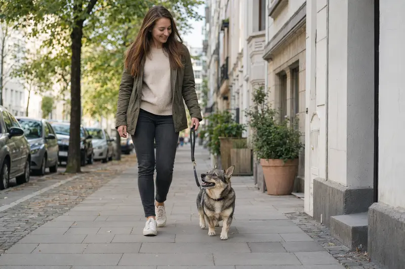 Ein Schwedischer Vallhund läuft an der Leine mit seinem Besitzer durch eine freundliche moderne Stadtstraße.