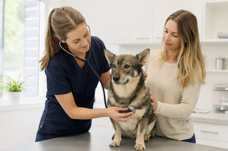 Ein Schwedischer Vallhund wird in einer modernen Tierarztpraxis von einer Tierärztin mit dem Stethoskop untersucht, während der Besitzer beruhigend daneben steht.