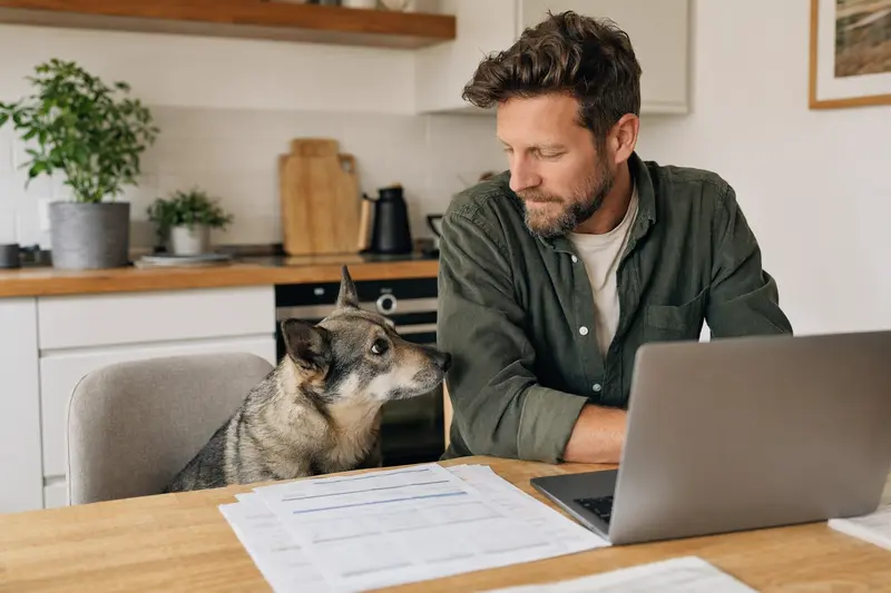 Ein Schwedischer Vallhund sitzt ruhig neben seinem Besitzer am Küchentisch mit Versicherungsunterlagen und Laptop zur Hundekrankenversicherung.