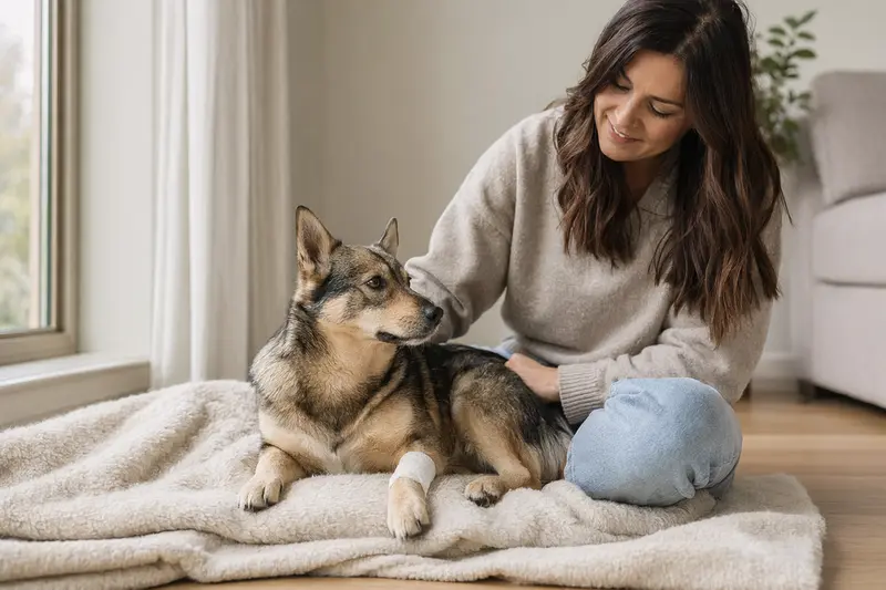 Schwedischer Vallhund mit leichtem Verband an der Pfote liegt ruhig auf einer Decke, während sein Besitzer erleichtert neben ihm sitzt.
