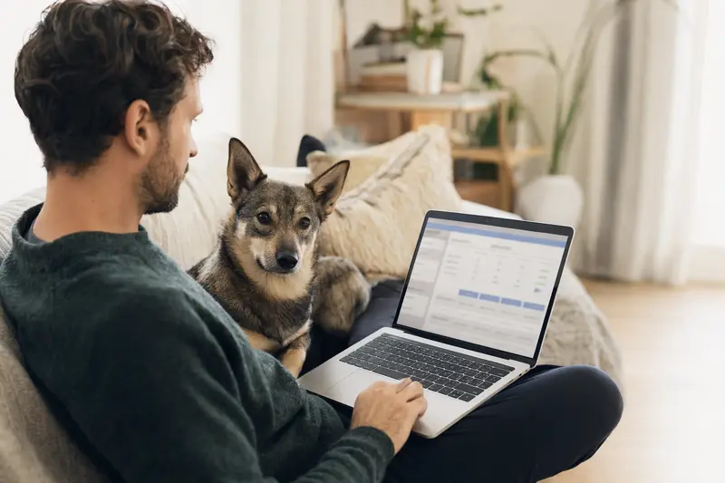 Ein Hundebesitzer sitzt mit einem schwedischen Vallhund auf dem Sofa und vergleicht Versicherungsmöglichkeiten auf einem Laptop.