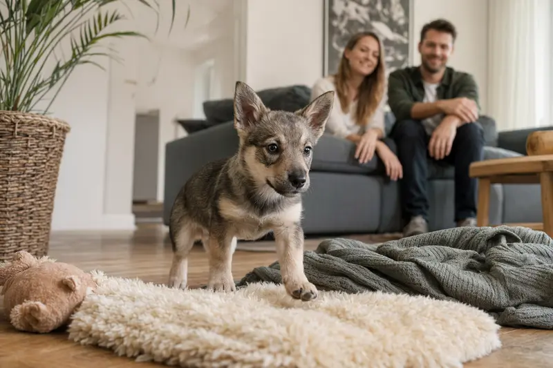 Junger Schwedischer Vallhund Welpe erkundet neugierig sein neues Zuhause in einer hellen Wohnung mit weicher Decke und Spielzeug.