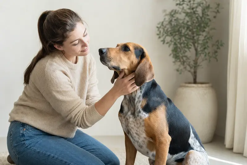 Ein aufmerksamer Schweizer Laufhund steht in natürlicher Haltung vor hellem Hintergrund in einem realistischen Tierportrait.
